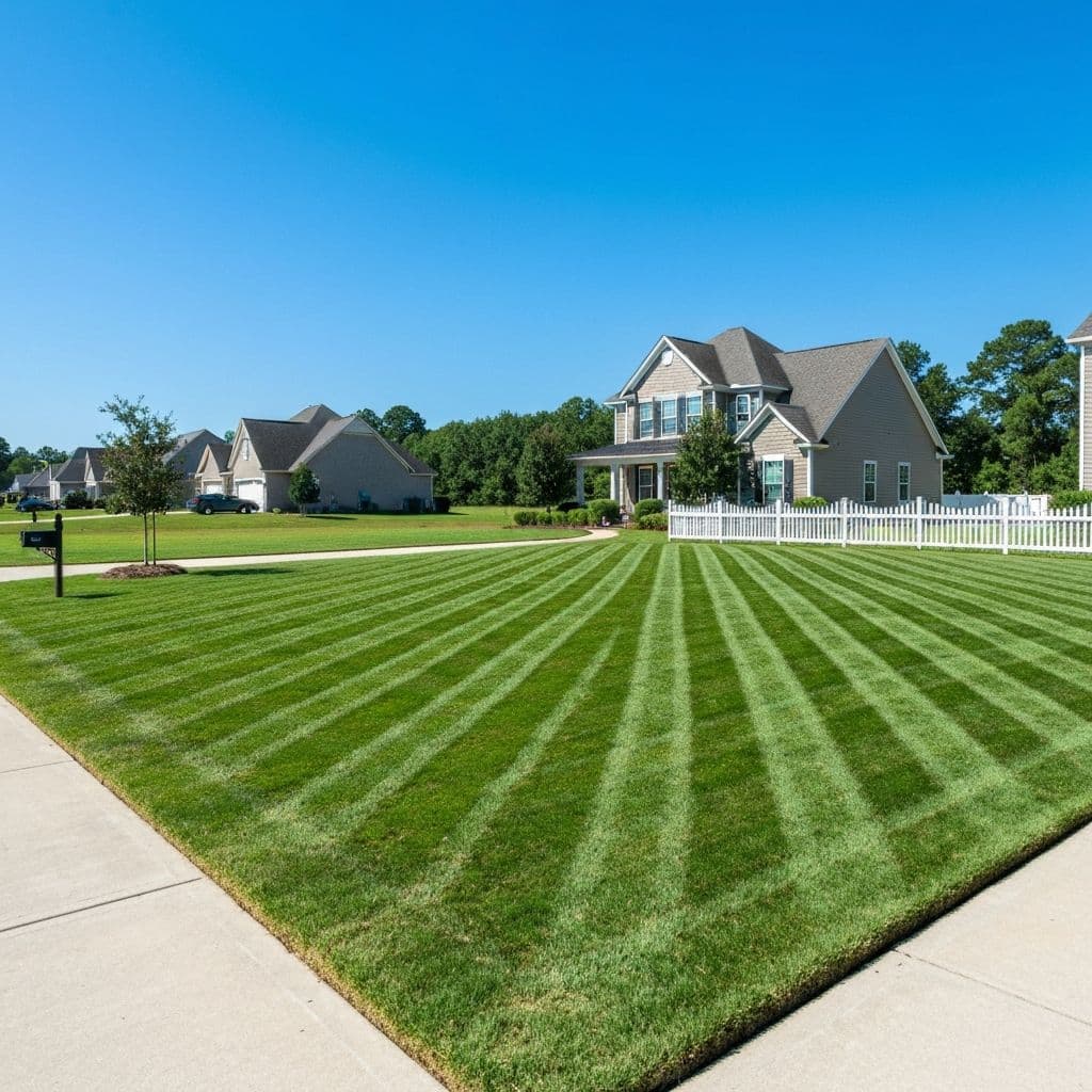 Freshly mowed lawn with diagonal stripe patterns