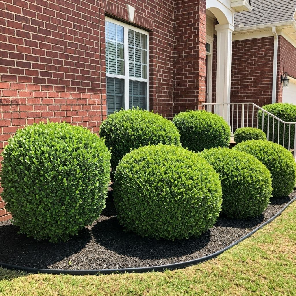 Round boxwood bushes perfectly trimmed in front of a brick home