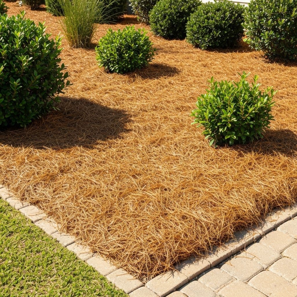 Fresh pine straw mulch neatly spread in flower beds
