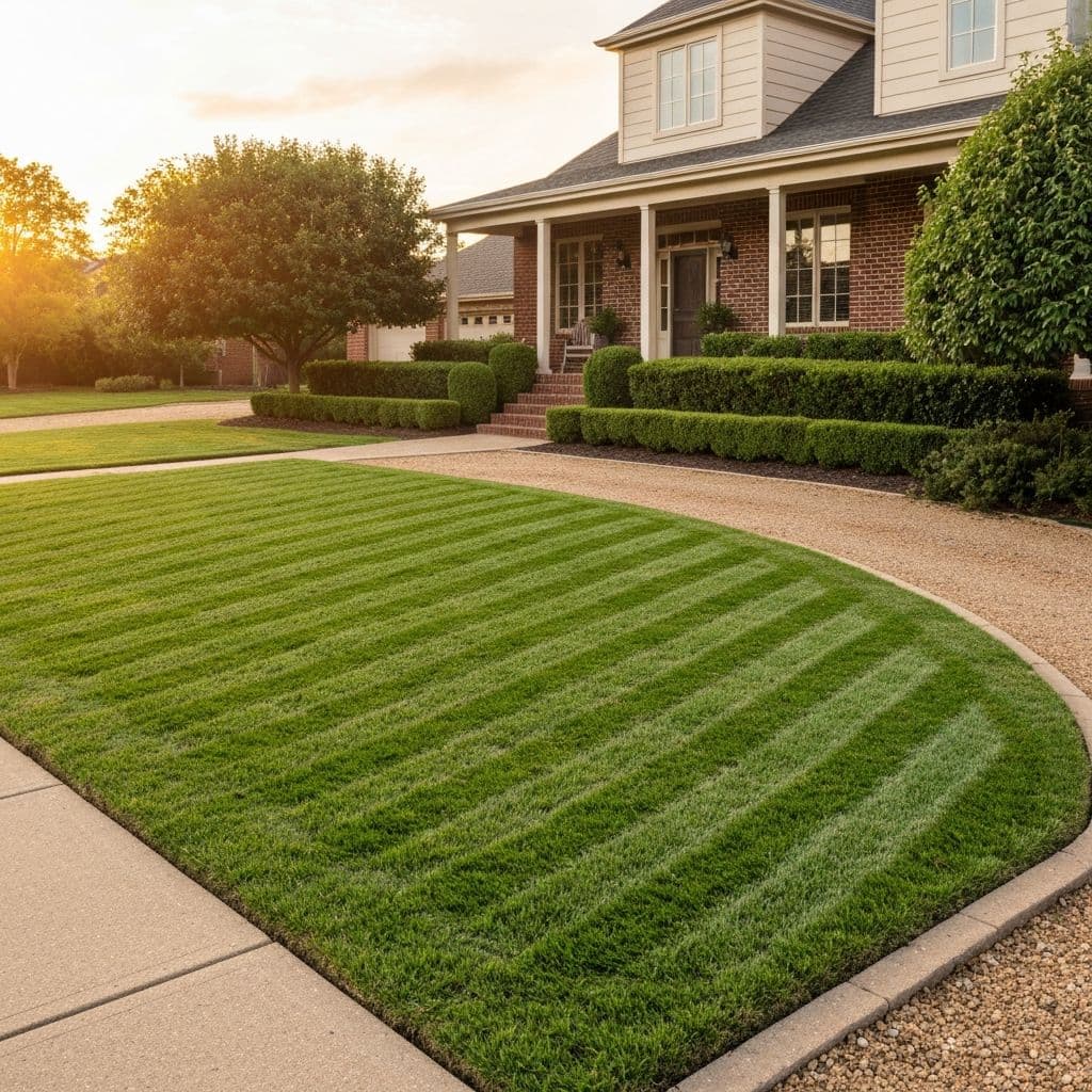 Perfectly manicured front lawn with crisp mowing lines in Huntsville, AL