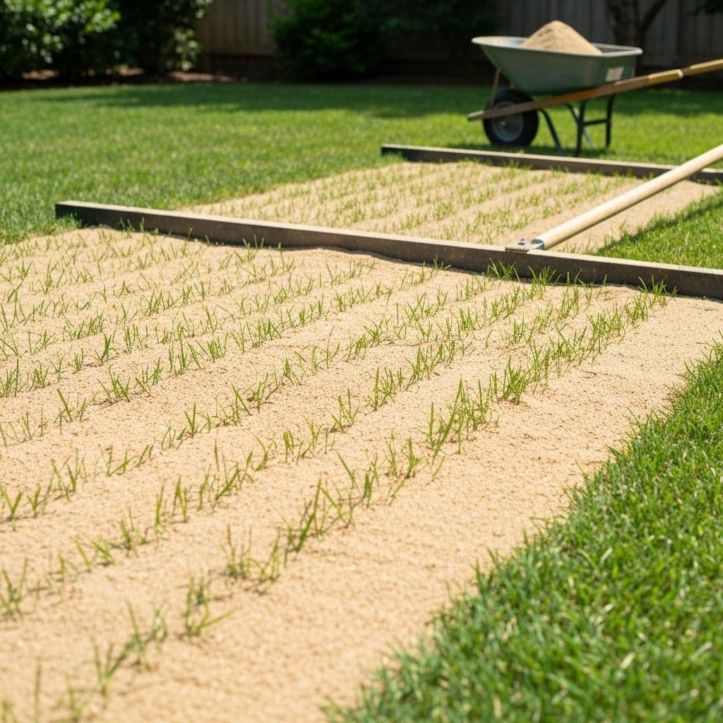 Professional lawn sand leveling service spreading sand across a residential lawn in Huntsville Alabama