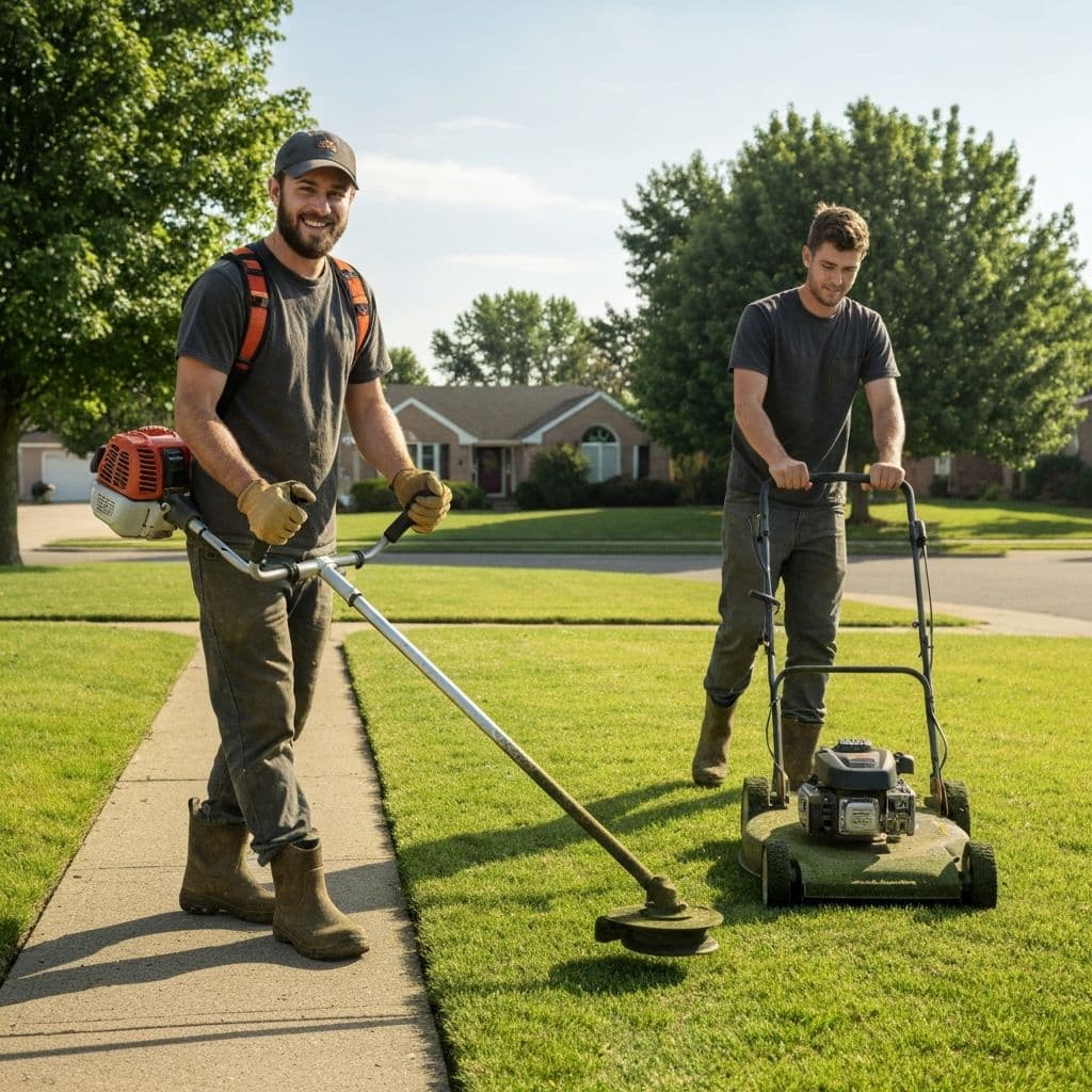 Turf Titans lawn care team working together on a residential property
