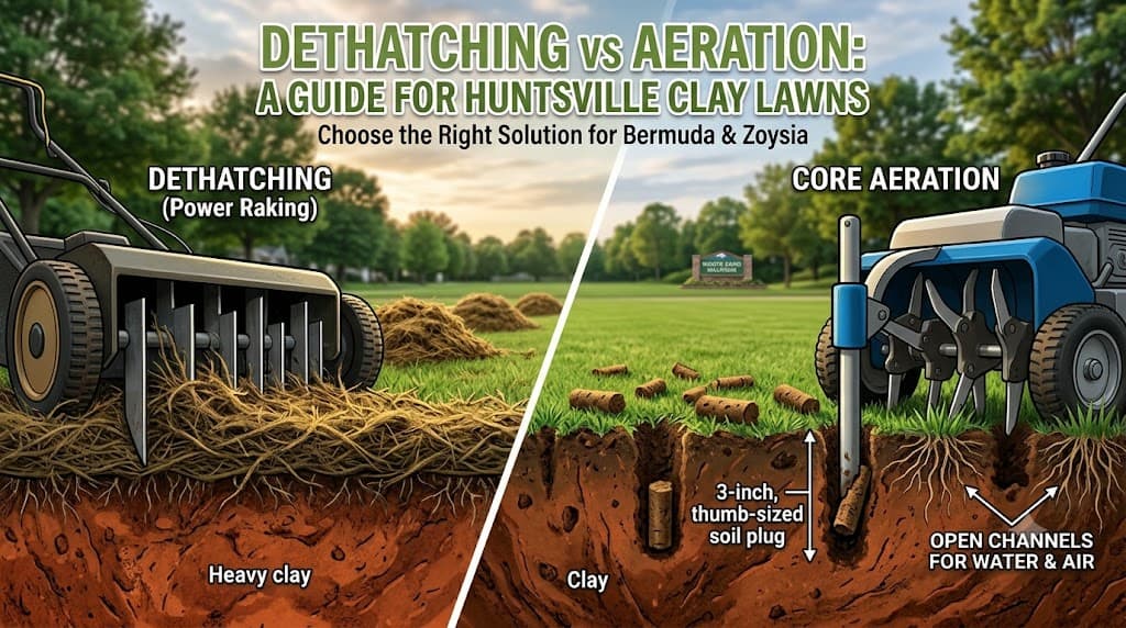 Dethatching vs Aeration for Huntsville Clay Lawns