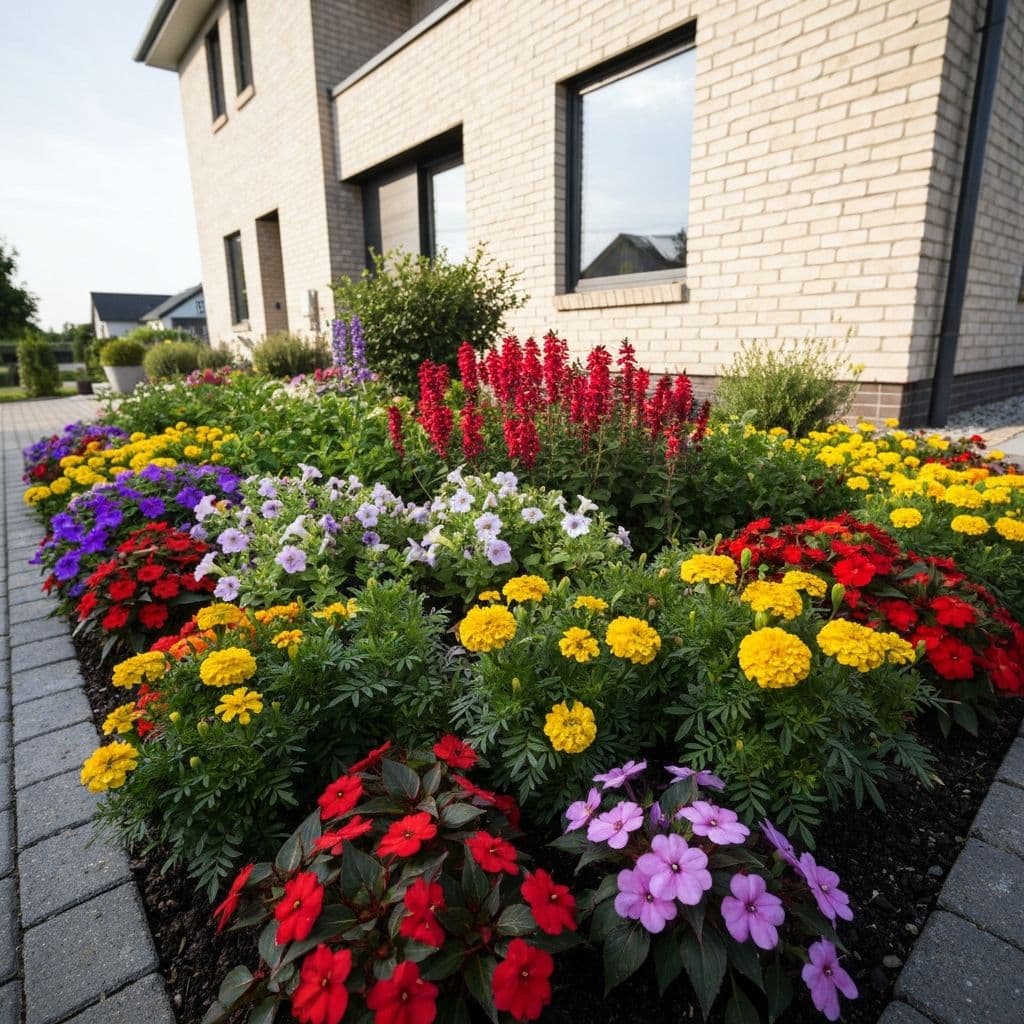 Beautifully maintained flower bed with colorful seasonal flowers and fresh mulch