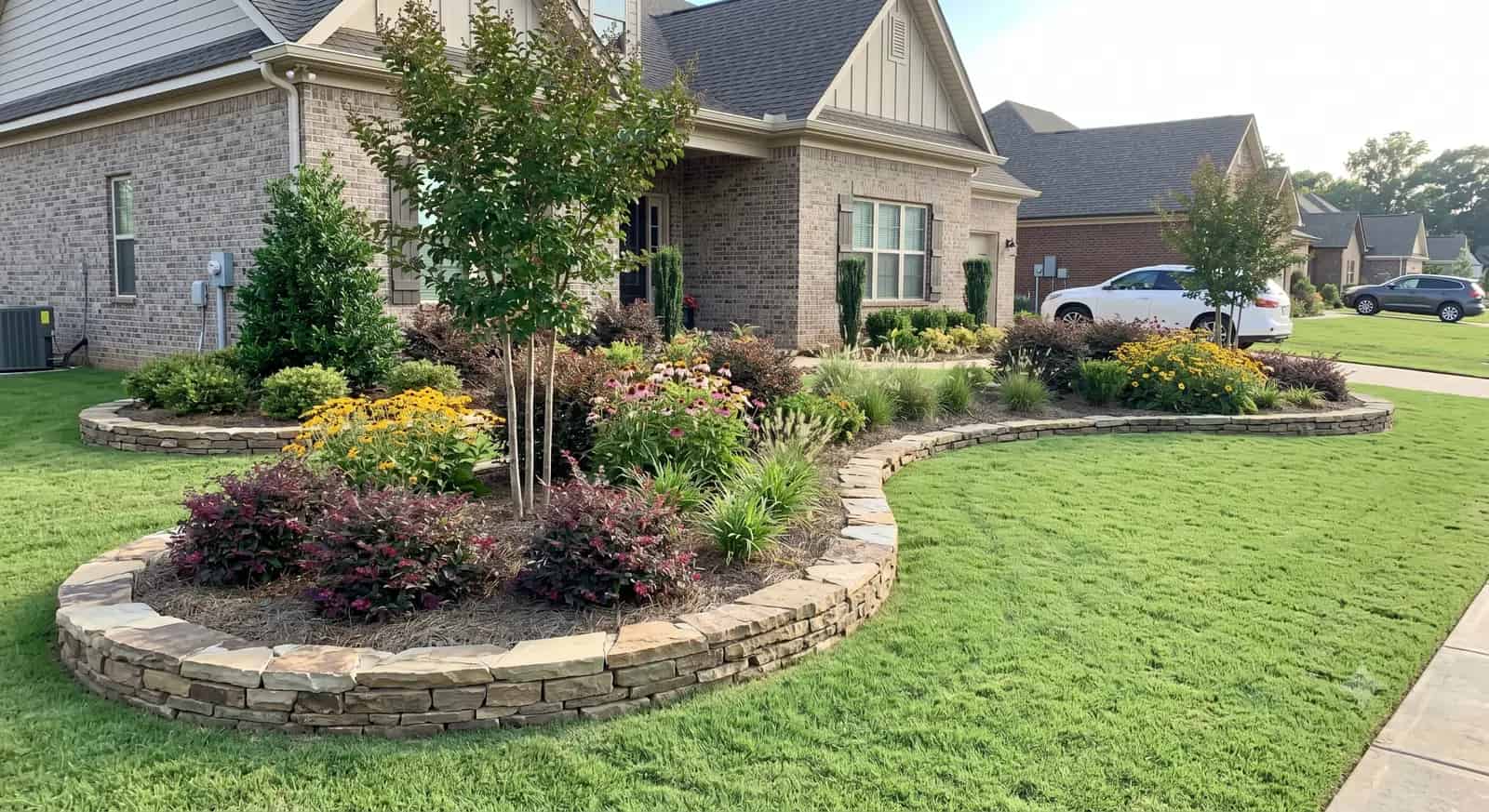 Professionally designed landscape with beds and plantings by Turf Titans in North Alabama
