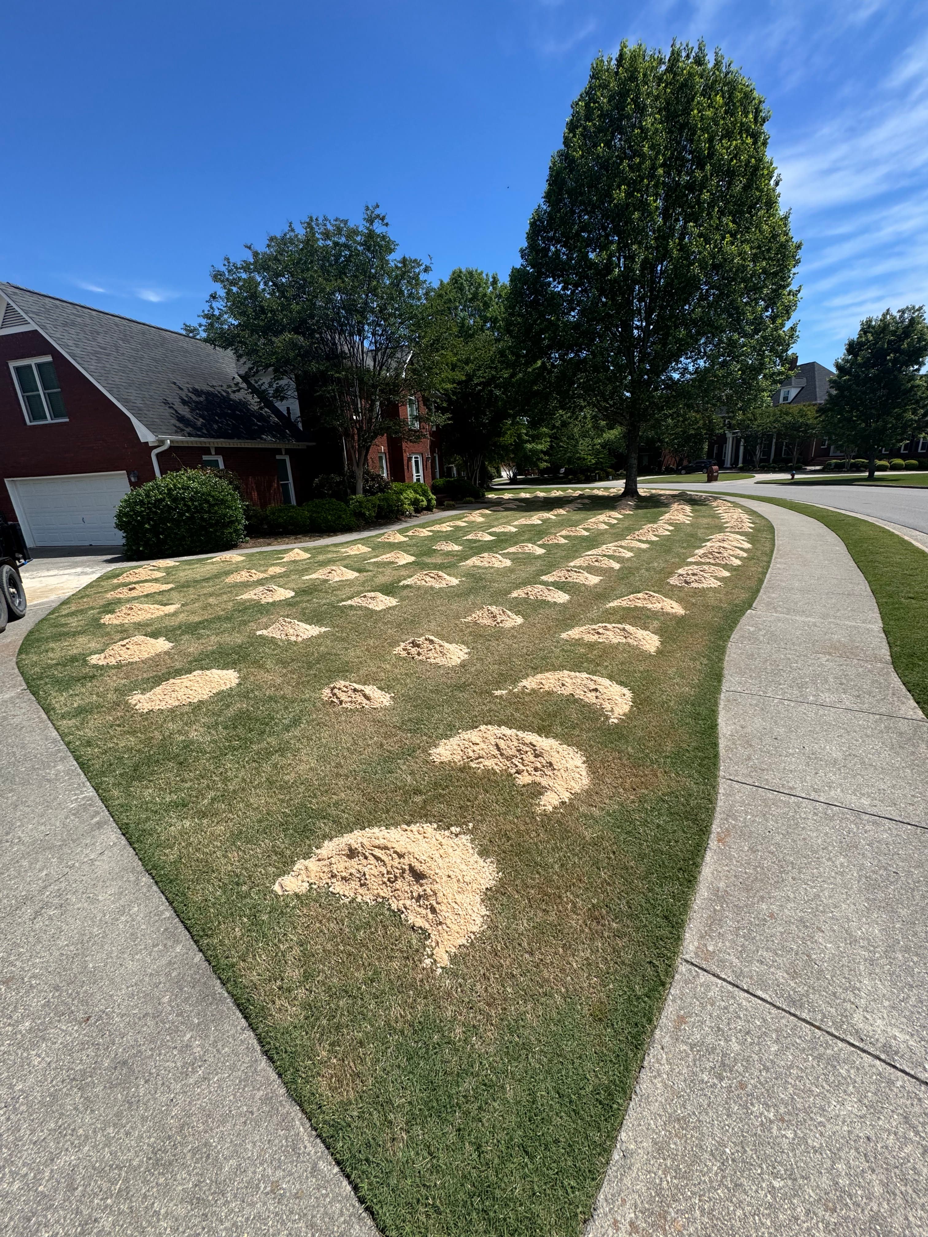 Sand leveling piles spread across a front lawn in Huntsville, AL
