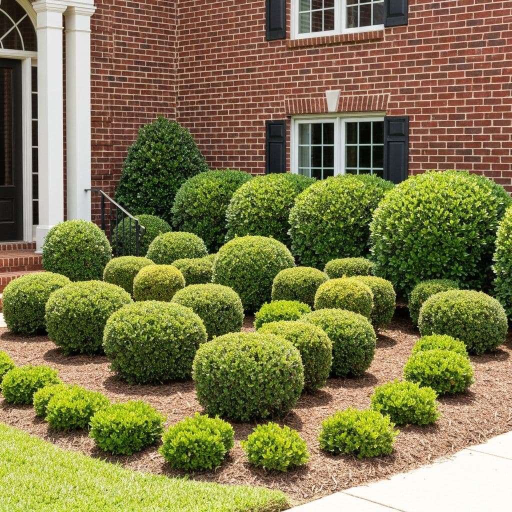 Professionally trimmed hedges shaped into clean geometric forms at a Huntsville home