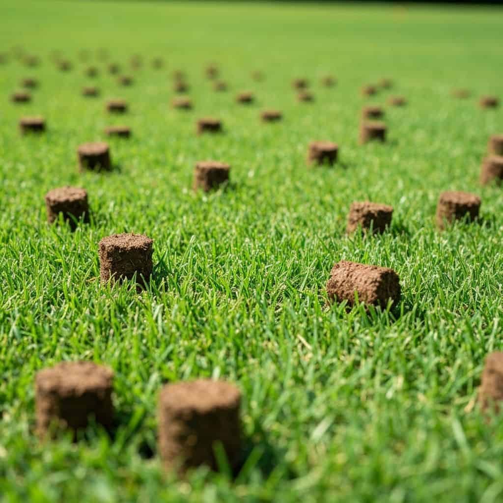 Core aerator pulling soil plugs from a green residential lawn