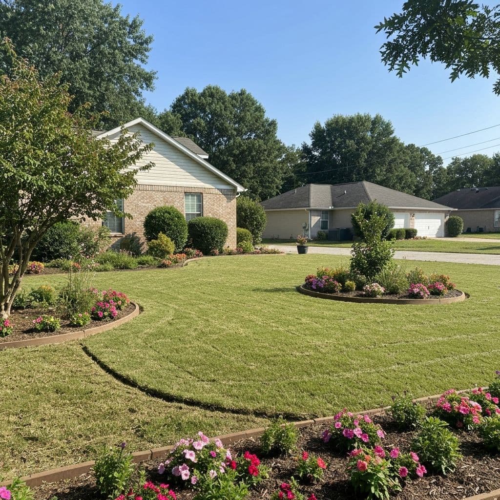 Dramatic yard cleanup showing a previously overgrown property restored to a clean, maintained yard in Huntsville