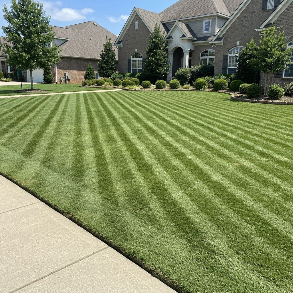 Professional lawn mowing with zero-turn mower creating clean parallel lines on a Huntsville residential lawn