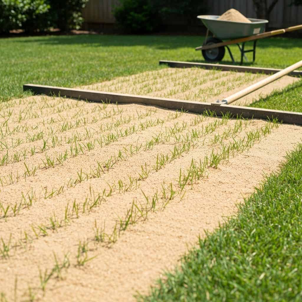 Sand being spread across a lawn for professional leveling and top dressing